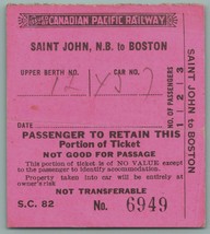 WWII1943 Canadian Pacific Railways Train Ticket Saint John to Boston B13 - $8.38