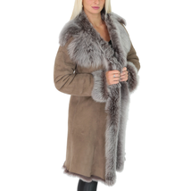 DR220 Women&#39;s Shearling Long Italian Sheepskin Leather Coat Brown Taupe - £540.58 GBP