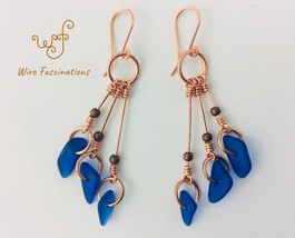 Handmade blue sea glass earrings: long copper dangles with small hoops a... - £27.91 GBP