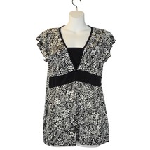 Vintage Agenda Womens Medium Babydoll Top Black White Slinky Floral Femi... - $16.61