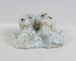 Two Spaniels Porcelain Figurine Vintage Japan Lusterware White &amp; Blue Dogs - £7.75 GBP