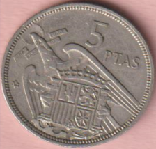1957 Spain 5 Pesetas coin shows Spanish Military Big Bird in flight Age6... - $1.89