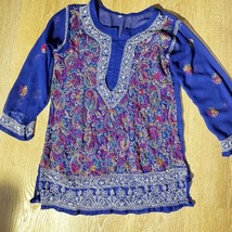 Royal Blue Embroidered Sheer Tunic – Boho Floral Paisley – Size M (Estim... - $11.88