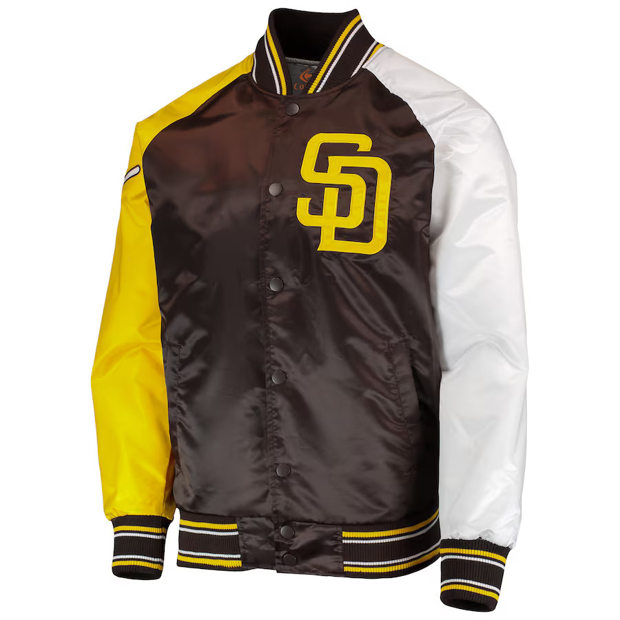 MLB San Diego Padres Brown Gold White Satin Baseball Varsity Letterman Jacket