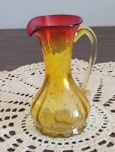 Vintage Hand Blown Amberina  Pitcher Orange Red  yellow Applied Handle - £14.94 GBP