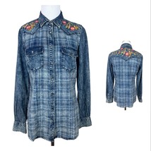 Overland Snap Button Shirt Women S Blue Denim Plaid Floral Embroidered Western - £39.16 GBP