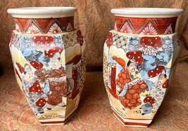 Pair of Two Antique Old Satsuma Japanese Japan Art Pottery Vase Set of 2 Vases - $191.75