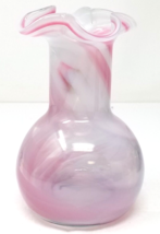 Pink White Swirl Vase Table Ruffled Bulbous Hamon Art Glassware Studio D... - $28.45