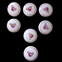 Vintage Porcelain Drawer Pulls Cabinet Knobs Pink Roses Set 7 Gold Border Shabby - £15.85 GBP