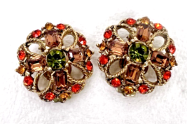Vintage Clip Earrings 2 Tones Orange Brown and Olive Green 1" Round Gold... - $24.26