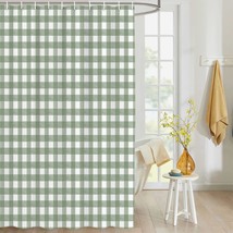 Shower Curtain Sage Green Buffalo Plaid Waterproof Fabric Shower Curtain Set Wit - £23.54 GBP