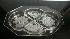 Crystal 8-Sided Octagonal 4-Part 11&quot; Relish Dish Tray Frosted Wild Rose Pattern - £7.80 GBP