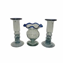 Hand Blown Recycled Mexican Glass Cobalt Blue Rim Candle Holder Set 3 - $15.65
