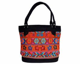 Floral Tribal Pattern Huipil Embroidered Black Vegan Suede Tote Purse Bag - Wome - £27.47 GBP