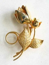 Elegant 2 Roses and Leaves Gold-tone Brooch 1960s vintage 2 1/4&quot; - £9.75 GBP