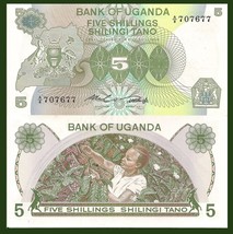 Uganda P15, 5 Shilling, woman picking coffee beans, solid security thread UNC - £1.82 GBP