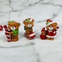 Vintage Set of 3 Ceramic Teddy Bears Korea Red Green Candy Cane Santa - £26.66 GBP