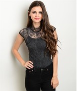 Womens sexy coral or charcoal gray stretchy allover sheer floral lace bodysuit - £14.26 GBP