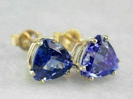 3CT Trillion Tanzanite Simulated Stud Earrings In 14K Yellow Gold Plated Silver - £79.12 GBP
