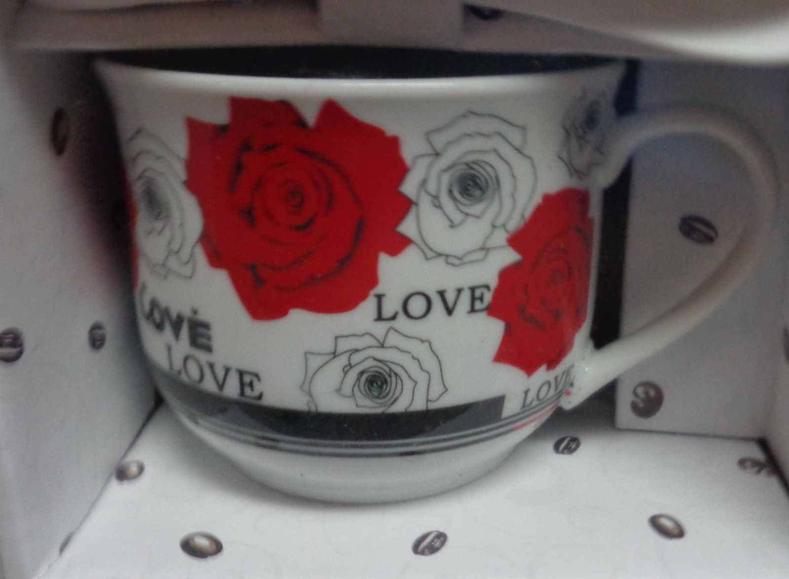 Porcelain Ceramic Coffee Cup & Stir Spoon Set NIB White Rose Love - $11.99