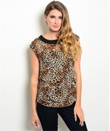 Womens brown and black leopard animal print side ruched chiffon blouse - $20.00