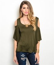 Womens olive royal blue or gray cold shoulder flutter sleeves loose fit top - £12.77 GBP