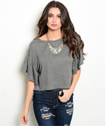 Womens Gray Blue or Cream short flutter sleeves knit high low cropped top - $16.00