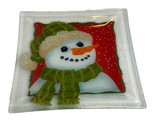 Peggy Karr Christmas Smiling Snowman Face Square Plate Fused Art Glass S... - $84.15