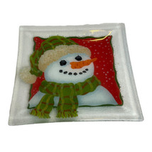 Peggy Karr Christmas Smiling Snowman Face Square Plate Fused Art Glass Signed - £67.26 GBP