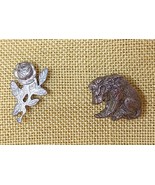 Vintage Set of Brass or Bronze Lapel Pins or Tie Tacks - Sad Lion and Rose - £8.00 GBP