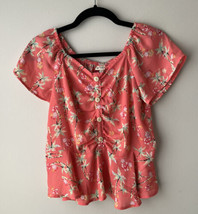 Self Esteem Pink Palm Tree Print Peplum Short Sleeve Shirt with Buttons Size L - £9.54 GBP