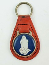 Vintage Praying Hands leather keychain keyring metal back Orange - $10.29