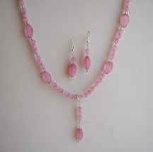 Pink Cats Eye Necklace Earring Set Drop Glass Beaded Handmade Magnetic Clasp - £40.30 GBP