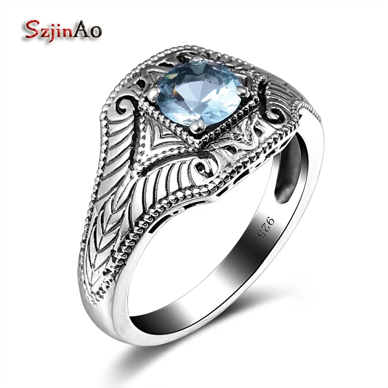Brand Ring Genuine 925 Sterling Silver Small Blue Aquamarine Punk Style Vintage  - £42.23 GBP
