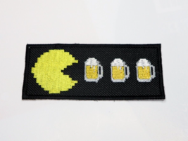 Pac Man Drinking Beer Patch Embroidered IRON-ON/SEW-ON Usa Seller Fast Delivery - £5.15 GBP