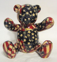 Teddy Bear Bank Patriotic Stars Stripes Red Blue Ivory Ceramic 6 to 7 Inch Tall - £27.96 GBP