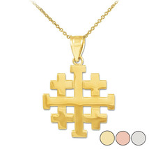 14K Solid Yellow Gold Jerusalem &quot;Crusaders&quot; Cross Pendant Necklace - £197.61 GBP+