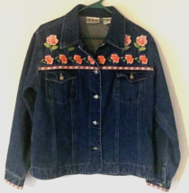 vintage 90&#39;s Bill Blass jean jacket size M embroidered pink flowers 100% cotton - £17.30 GBP