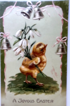 Easter Postcard Joyous Baby Chick Bells Flowers EAS Germany Embossed Vintage - £4.28 GBP