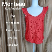 Monteau Los Angeles Red Floral Overlay V Neckline Ruffled Straps Tank Top Size L - £7.85 GBP