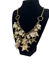 Gold Tone Multi Strand Shell Starfish Necklace Beach Ocean Statement Faux Pearl - £19.84 GBP