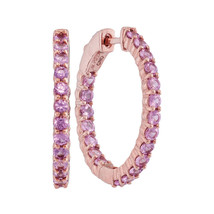 14k Rose Gold Womens Round Pink Sapphire Inside Outside Hoop Earrings 2-1/4 - $959.00