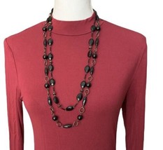 Black Faceted Beads And Silver Tone Double Strand Necklace Statement - $10.88
