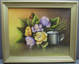 Original Oil Painting 8 x 10 Framed &quot;FLOWERS &amp; CUP&quot; Artist Signed Pat Keely - £55.00 GBP