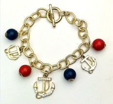 Vintage Nautical Rhinestone Anchor Bracelet Textured Cable Chain Blue Re... - $15.84