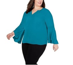 INC Womens Plus 1X Caribbean Blue 3/4 Bell Sleeve Smocked Split Neck Top... - $24.25