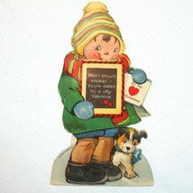 Vintage Valentine Card Boy &amp; Puppy Dog Mechanical Moving Head Germany 20s-30s - $29.99