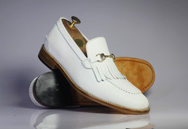 Handmade Men&#39;s White Fringe Loafer Leather Shoes, Men Dress Formal Slip On Shoes - £116.25 GBP+