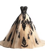 Long Champagne and Black Lace Gothic Wedding Dresses Corset Prom Evening Gowns - $159.99
