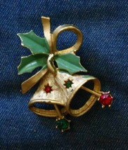 Festive Enamel Rhinestone Gold-tone Christmas Bells Brooch 1960s vintage 1 7/8&quot; - £10.35 GBP